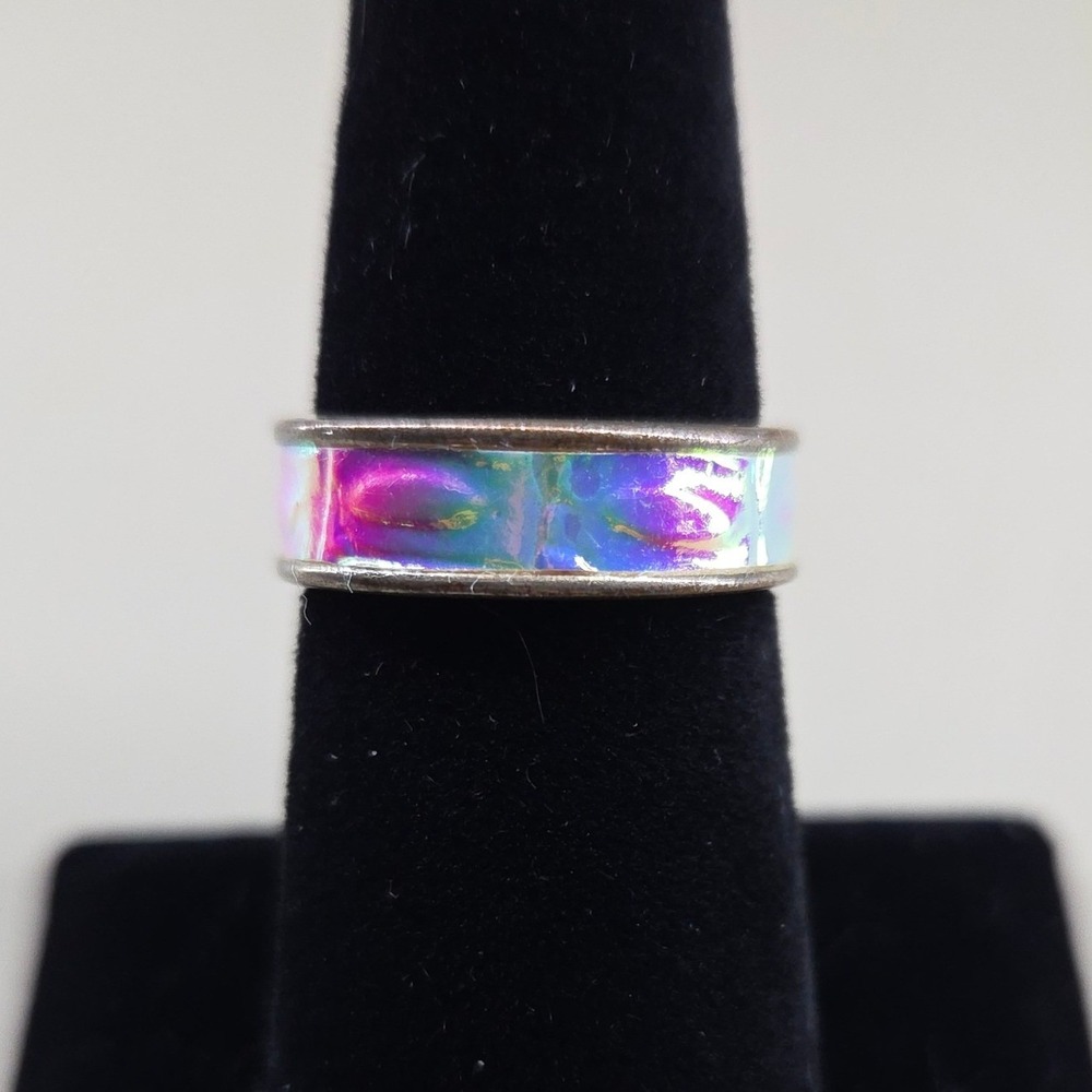 Iridescent‎ Holographic Fabric Inlay Band Ring Silver Tone Size 7 Oil Slick